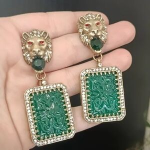 Gold Lion Head Green Statement Drop Earrings